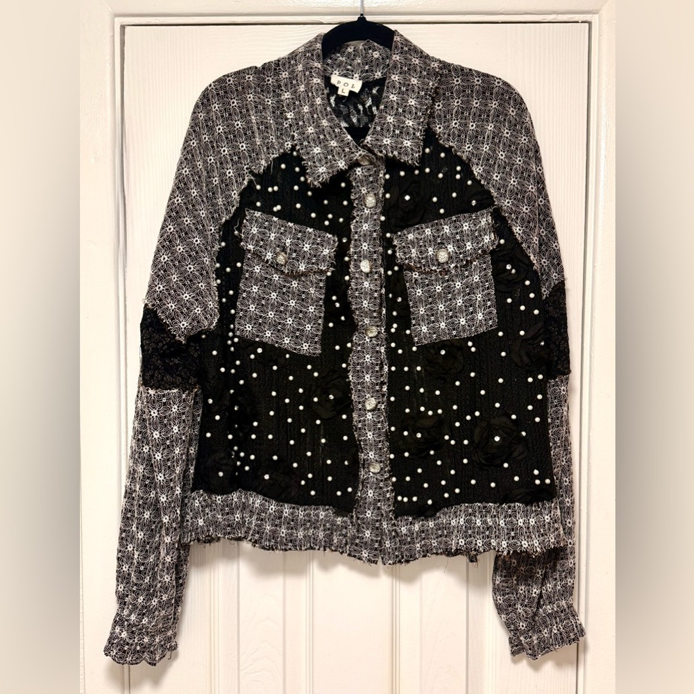 POL Eyelet Flower Pearl Detail Lace Patchwork Shirt or Shacket.